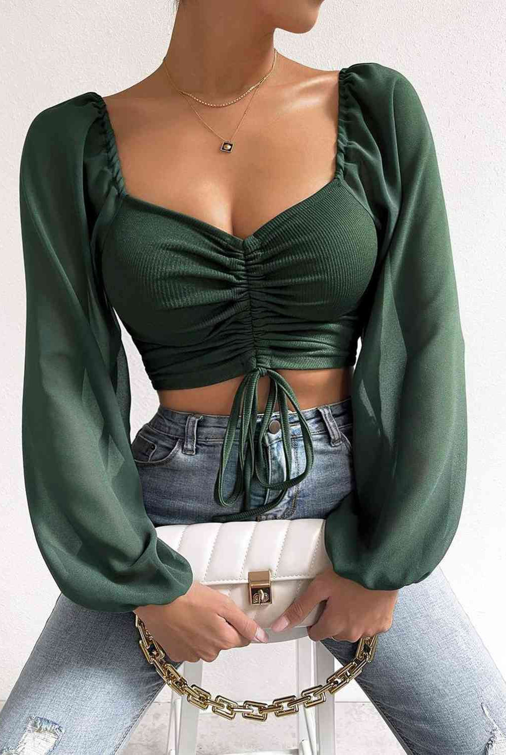 Drawstring Sweetheart Neck Cropped Top - GemThreads Boutique