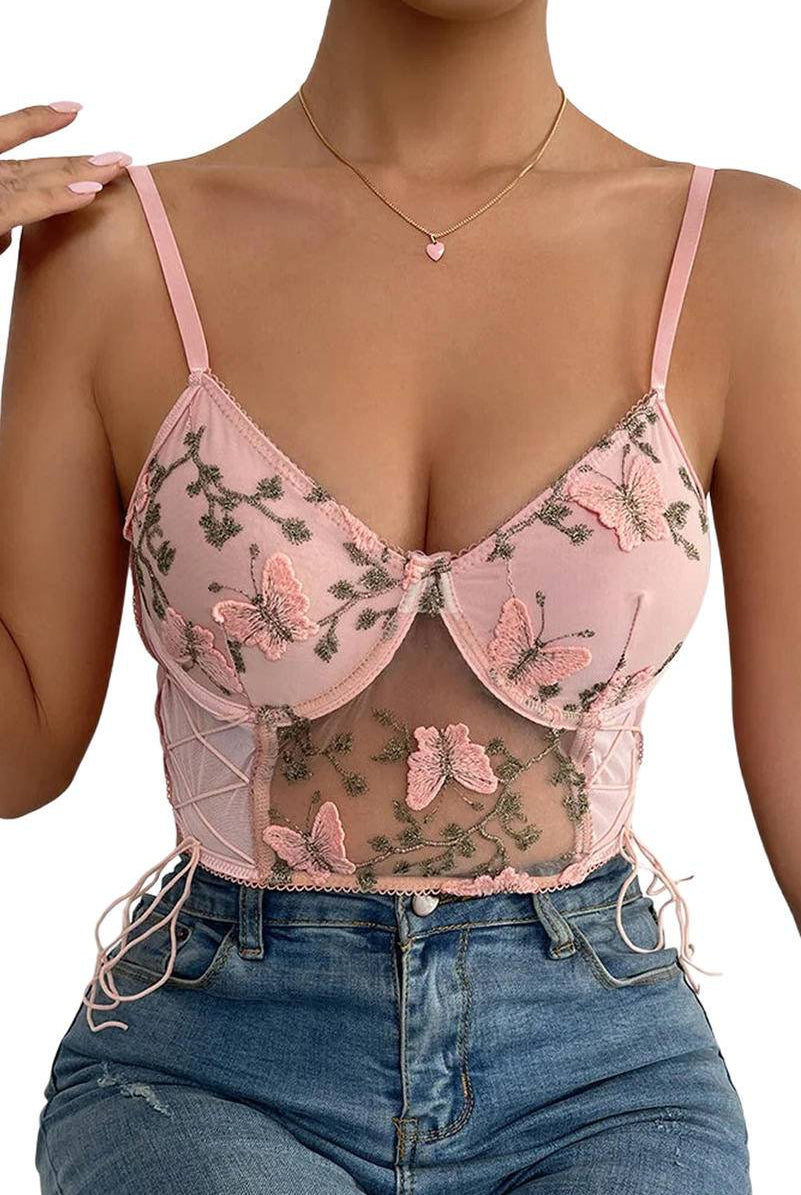 Embroidered Butterfly Side Tie Mesh Bustier Bralette - GemThreads Boutique