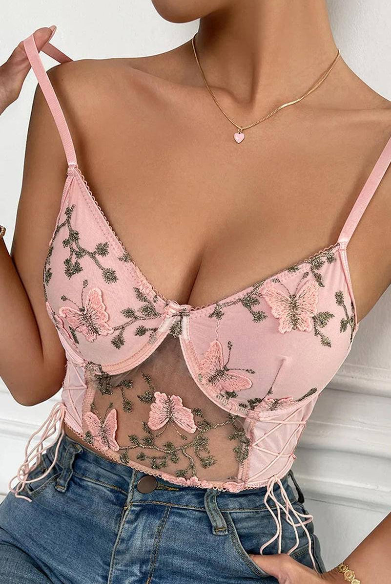 Embroidered Butterfly Side Tie Mesh Bustier Bralette - GemThreads Boutique