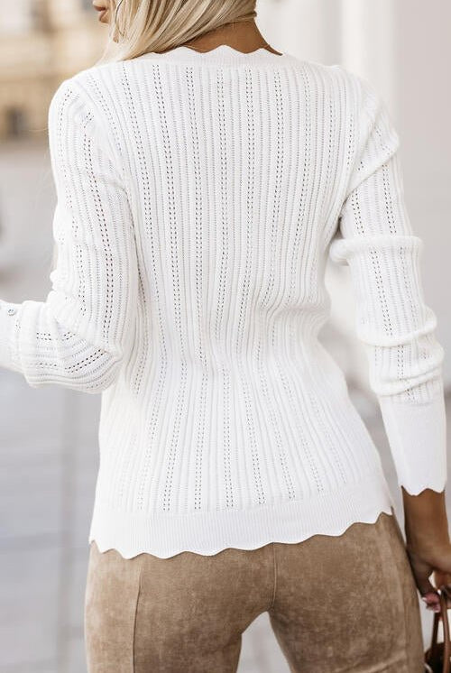 Eyelet Buttoned Long Sleeve Knit Top - GemThreads Boutique