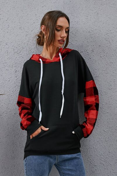 Plaid Drawstring Dropped Shoulder Hoodie - Comfort and Style from Gem Threads Boutique