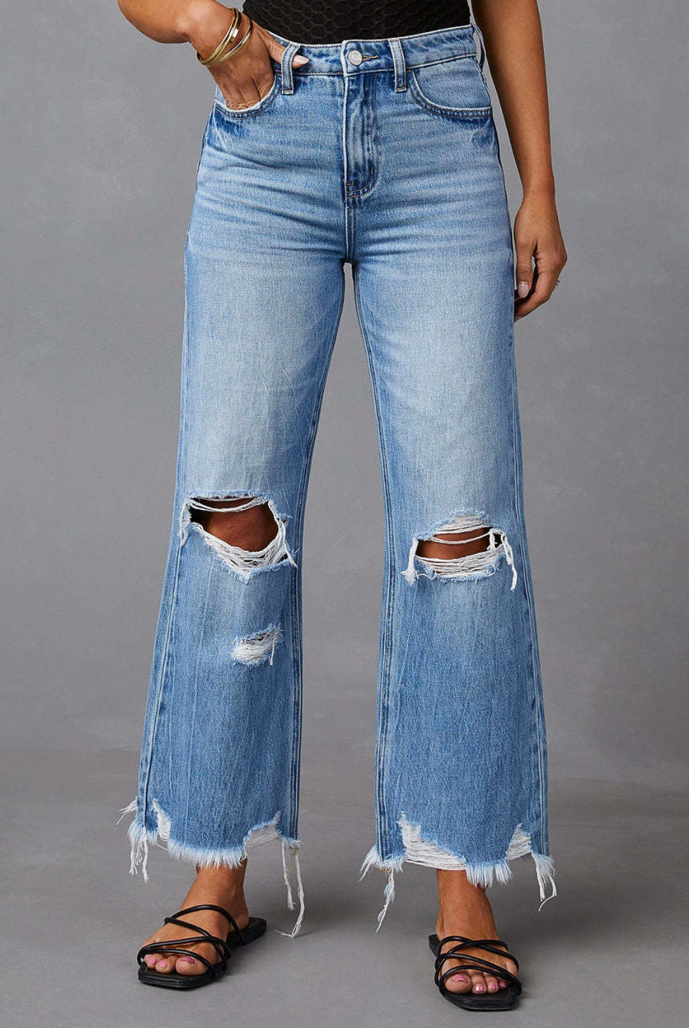 Distressed Raw Hem Jeans with Pockets - GemThreads Boutique Distressed Raw Hem Jeans with Pockets