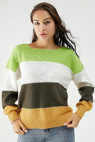 Woman's color block dropped shoulder sweater with a crew neck, available at Gem Threads Boutique.