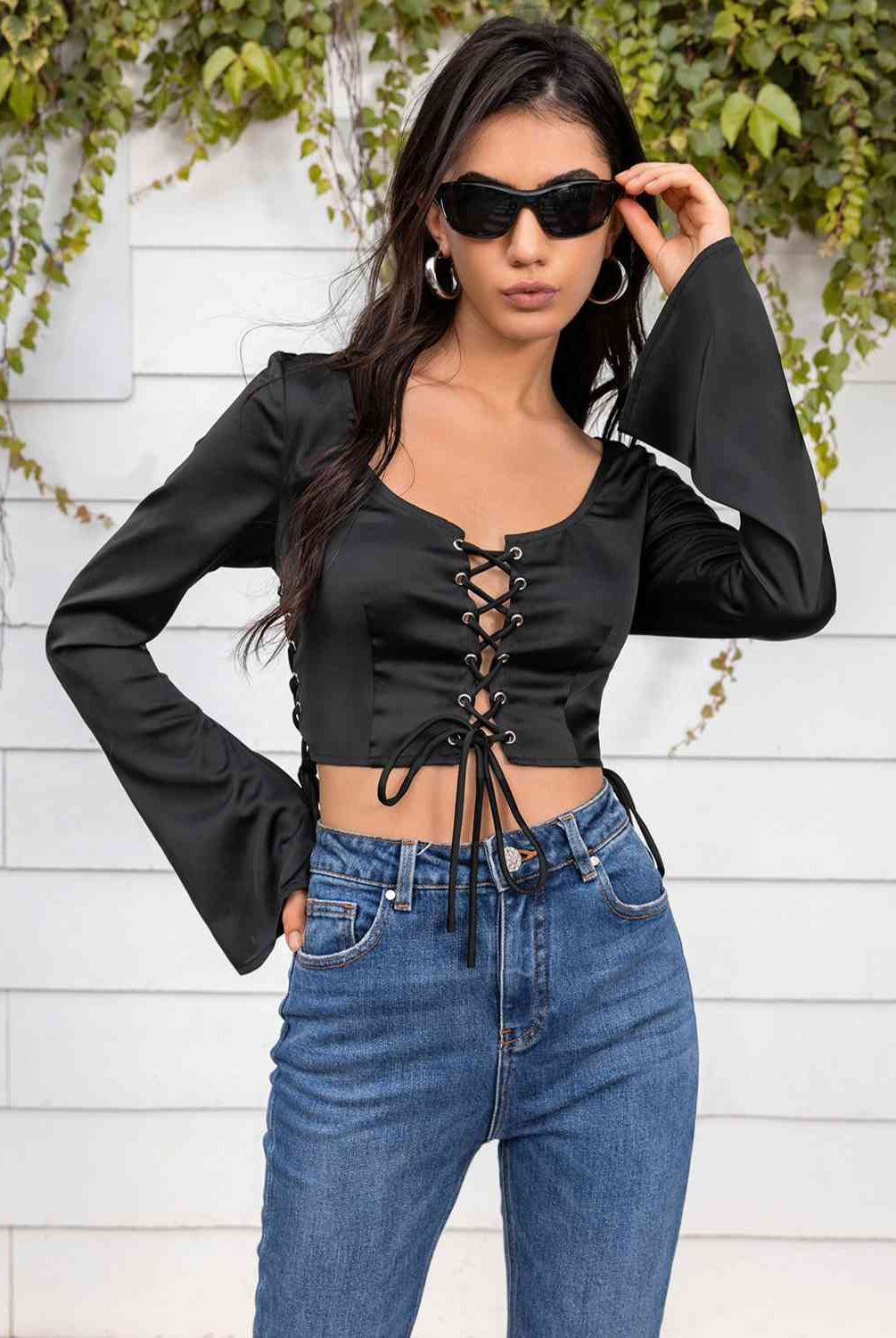 Flare Sleeve Lace Up Crop Top - GemThreads Boutique