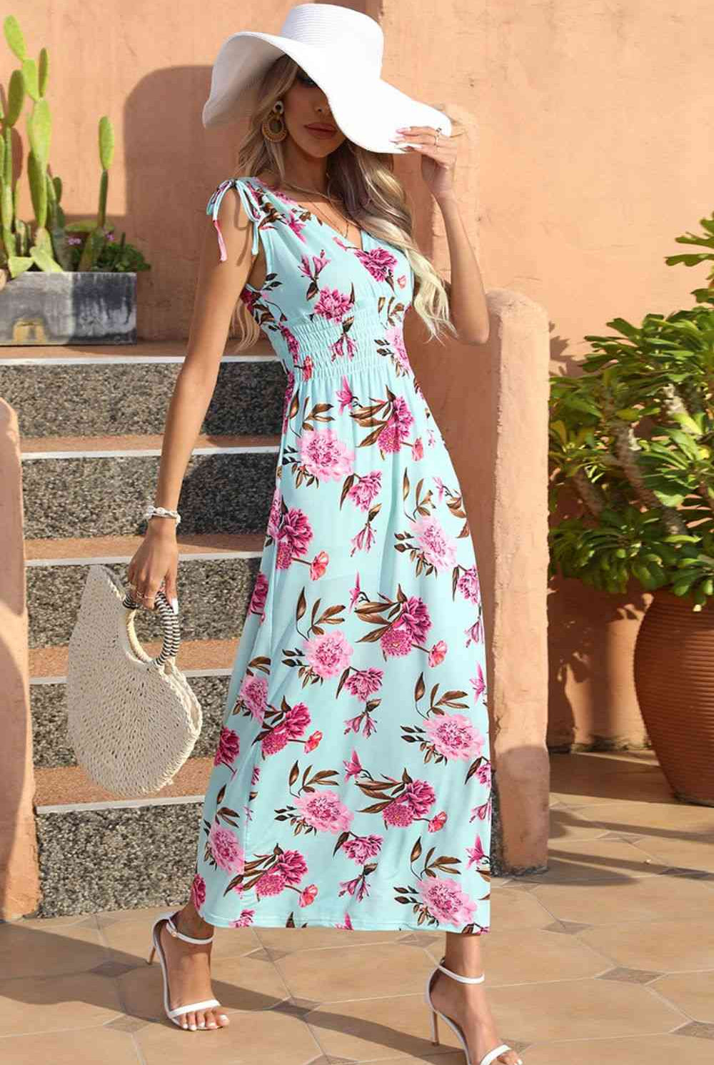 Full Size Tied Smocked Surplice Sleeveless Maxi Dress - GemThreads Boutique