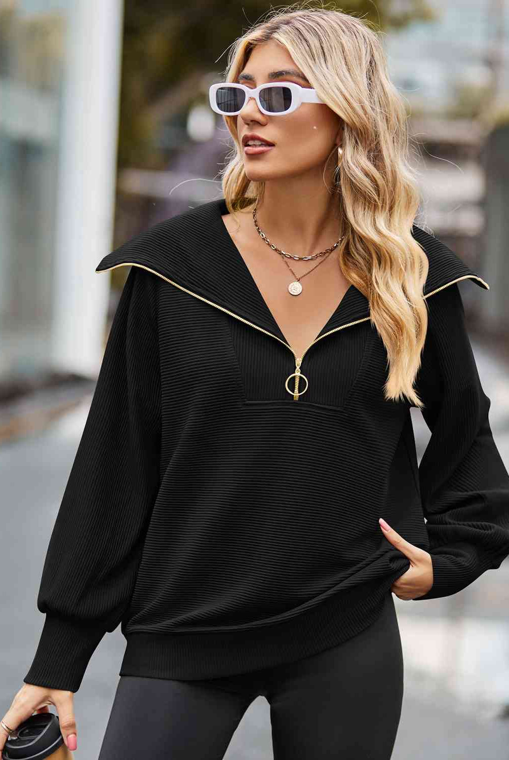 Half Zip Collared Neck Long Sleeve Sweatshirt - GemThreads Boutique