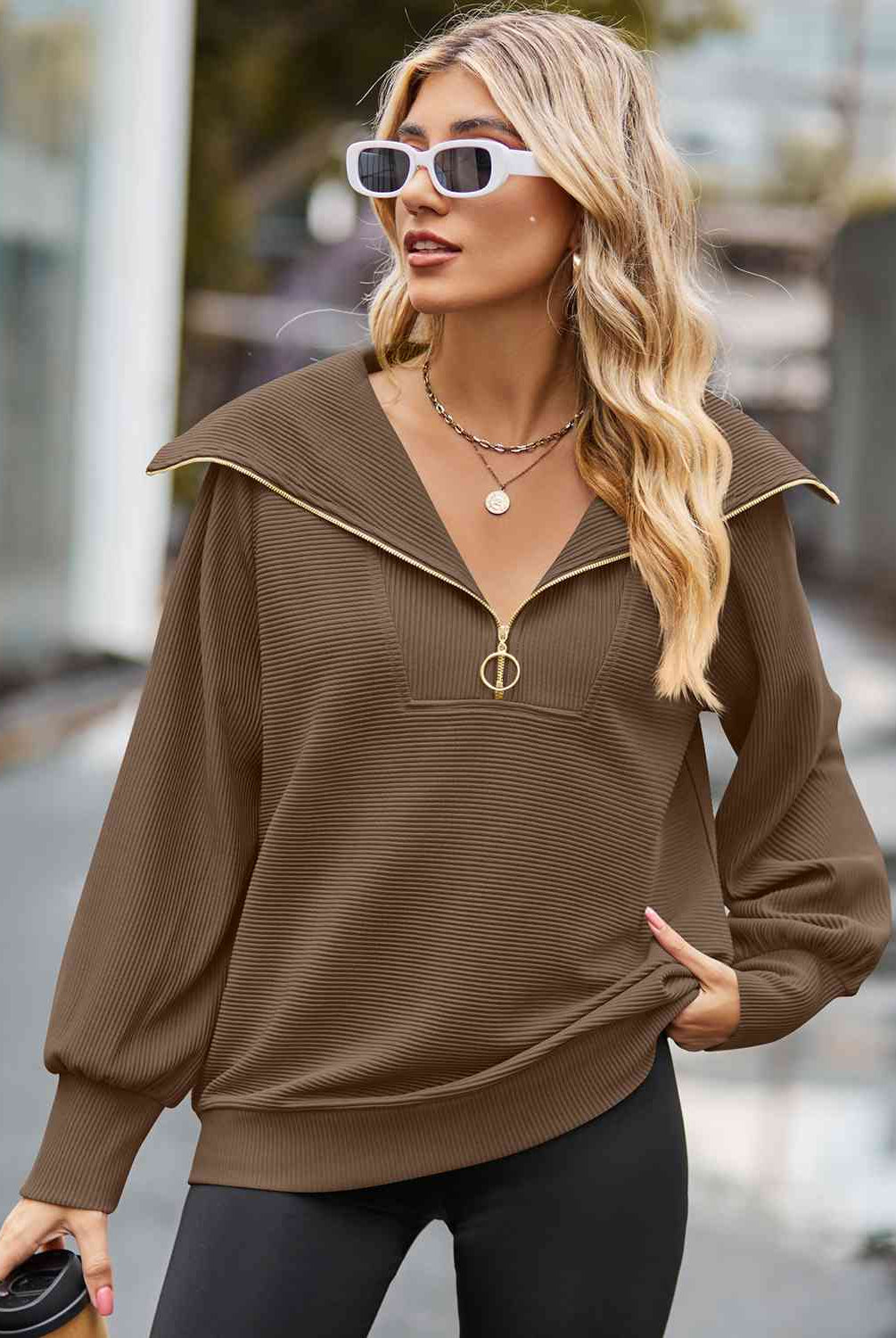 Half Zip Collared Neck Long Sleeve Sweatshirt - GemThreads Boutique