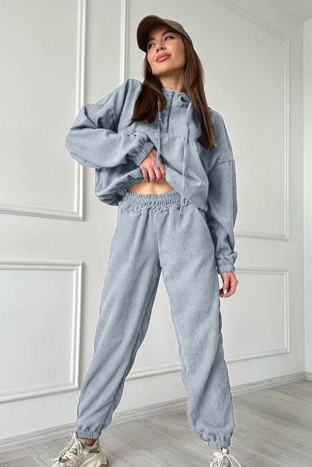 Half Zip Drawstring Hoodie and Pants Set - GemThreads Boutique