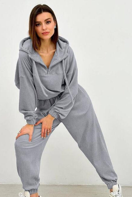 Half Zip Drawstring Hoodie and Pants Set - GemThreads Boutique