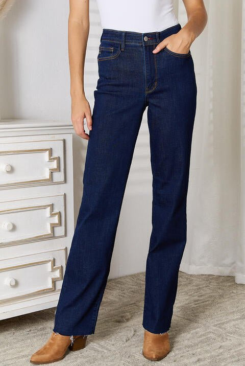 Judy Blue Full Size Raw Hem Straight Leg Jeans with Pockets - GemThreads Boutique