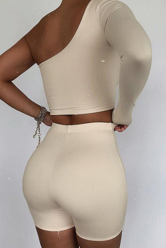 Kliou Solid Asymmetrical Two Piece Sets Women Tracksuit Crop Tops Elastic Bike Shorts Sporty Matching Suits Casual Female Outfit - GemThreads Boutique