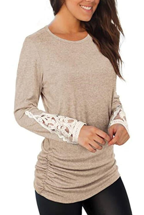 Lace Detail Long Sleeve Round Neck T-Shirt - GemThreads Boutique
