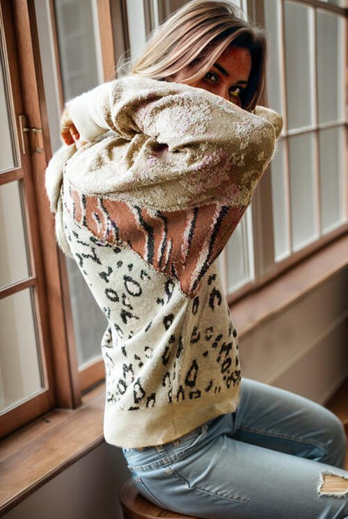 Leopard Drawstring Hooded Sweater - GemThreads Boutique