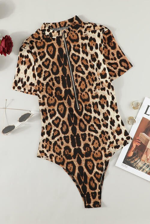 Leopard Half Zip Short Sleeve Bodysuit - GemThreads Boutique