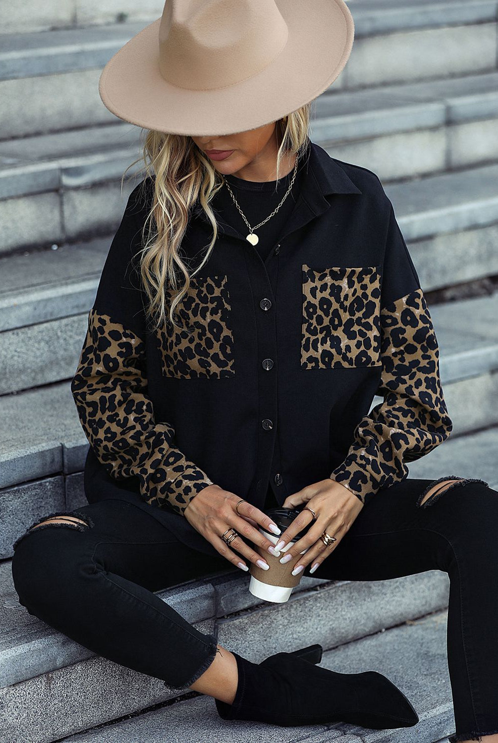 Leopard Print Buttoned Dropped Shoulder Jacket - GemThreads Boutique