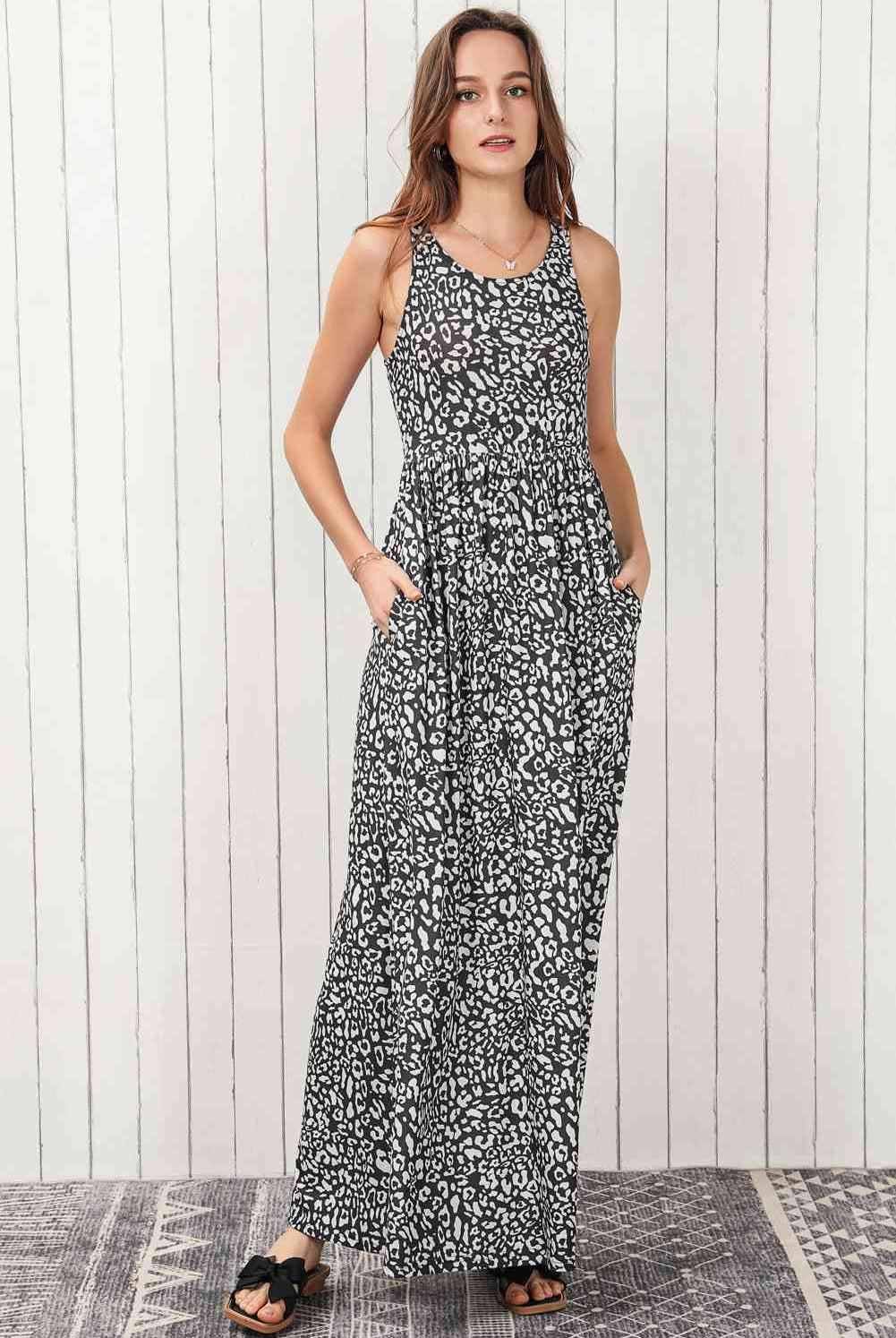 Leopard Round Neck Sleeveless Maxi Dress - GemThreads Boutique Leopard Round Neck Sleeveless Maxi Dress