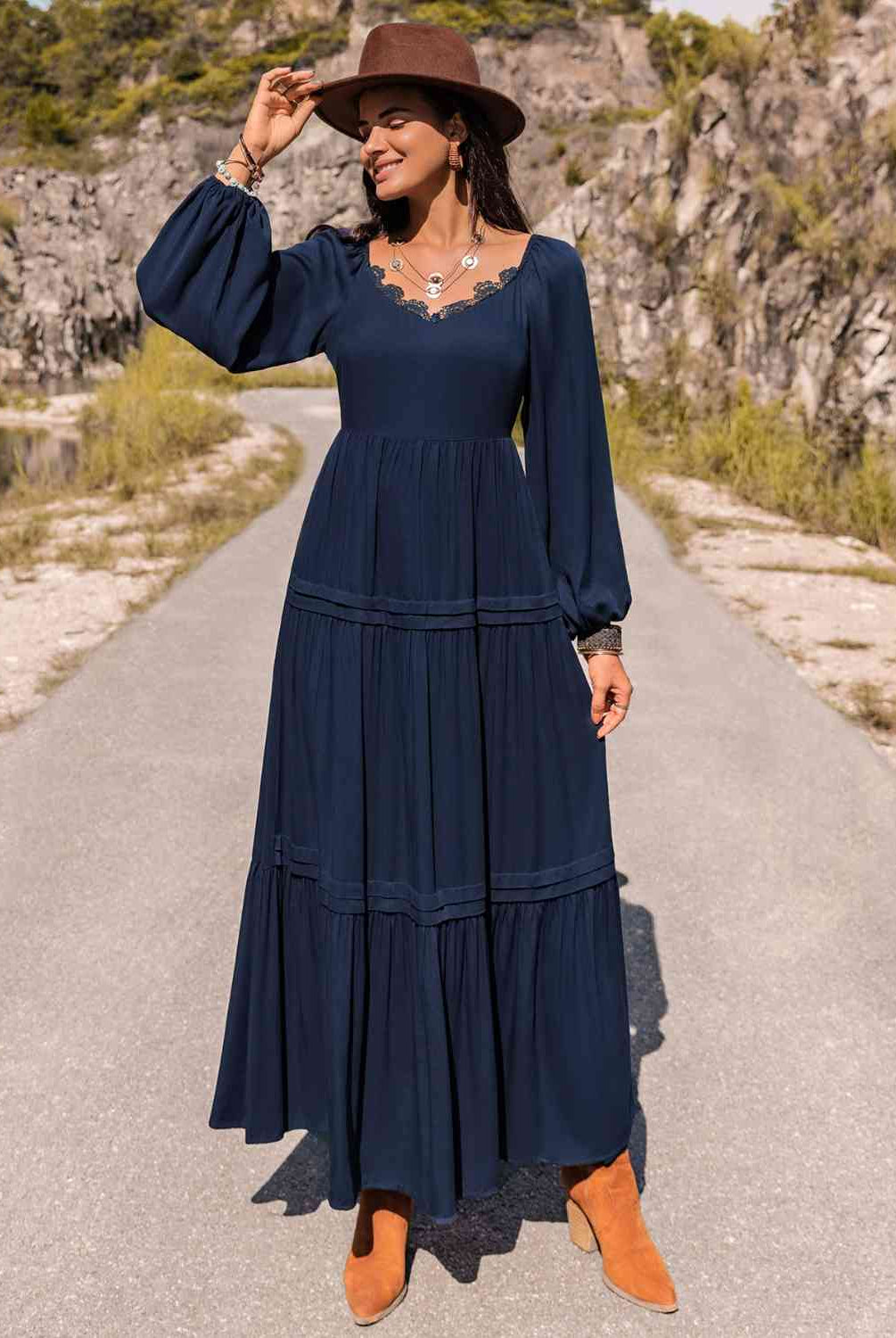 Long Sleeve Lace Trim Maxi Dress - GemThreads Boutique