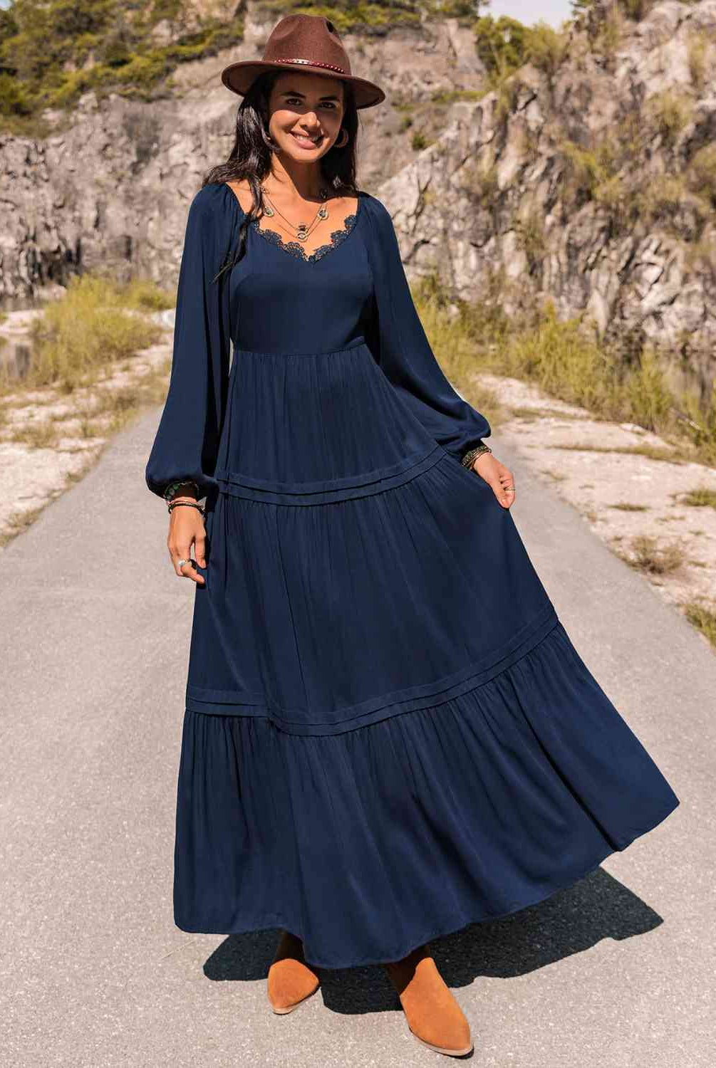 Long Sleeve Lace Trim Maxi Dress - GemThreads Boutique
