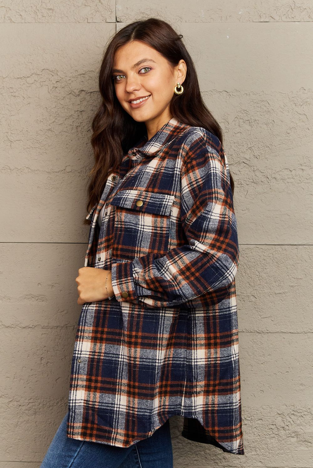 Ninexis Full Size Plaid Collared Neck Button-Down Long Sleeve Jacket - GemThreads Boutique