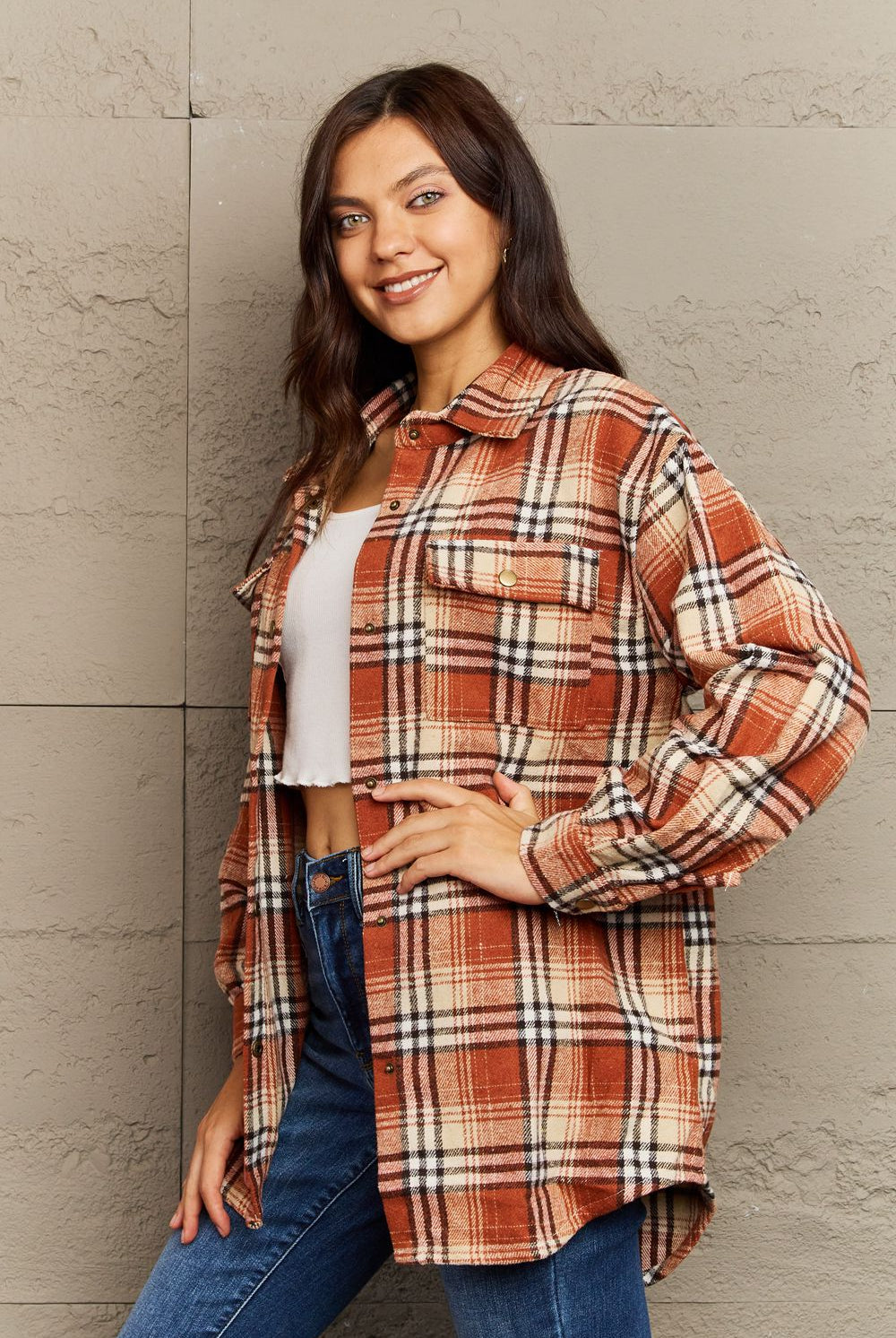Ninexis Full Size Plaid Collared Neck Button-Down Long Sleeve Jacket - GemThreads Boutique