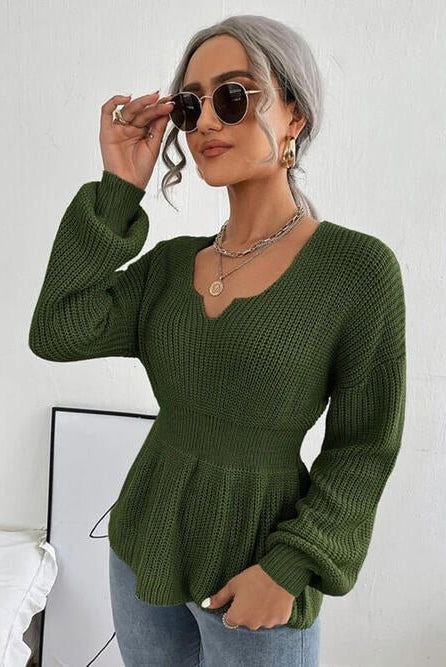 Notched Dropped Shoulder Knit Top - GemThreads Boutique