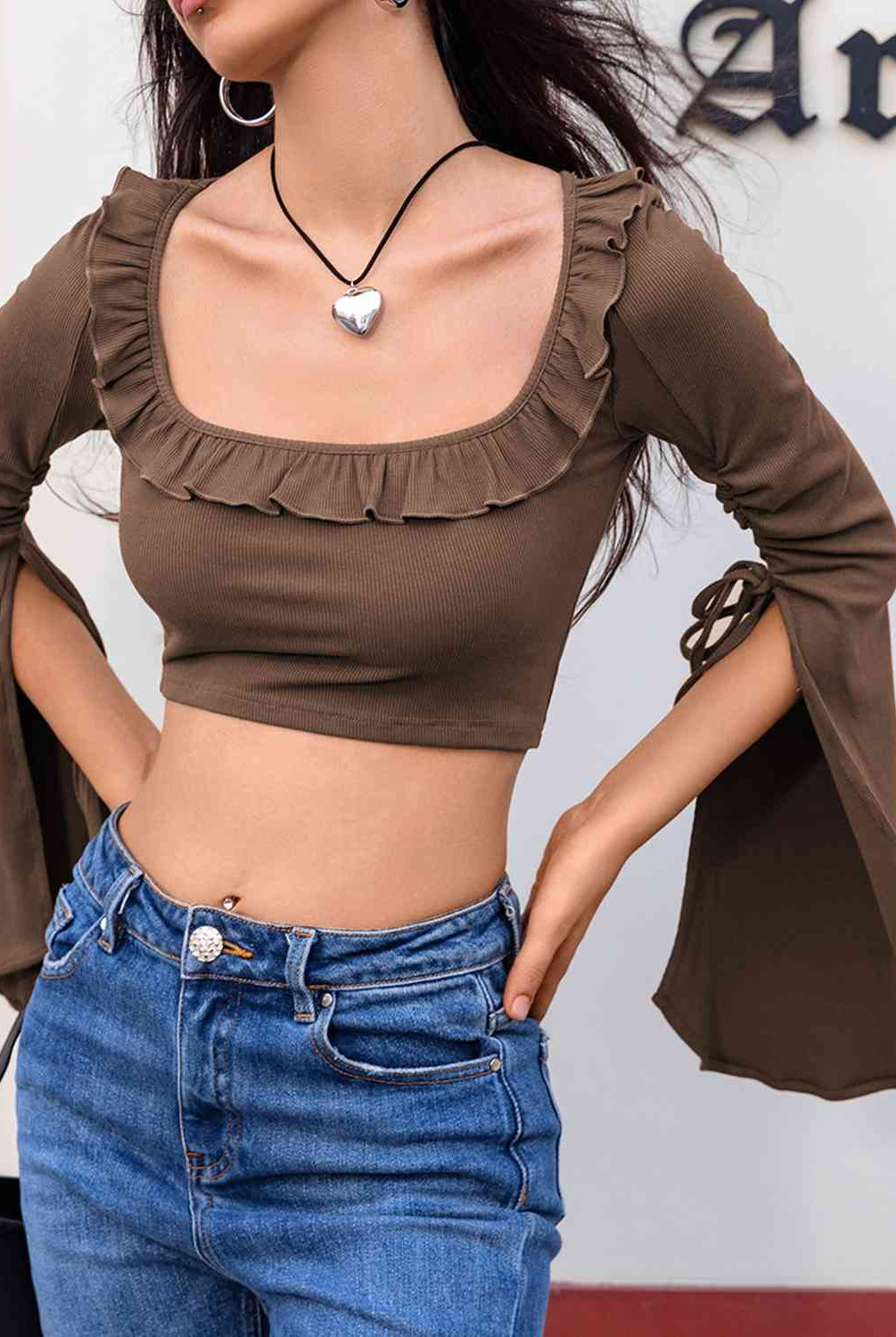 Open Bell Sleeve Square Neck Crop Top - GemThreads Boutique