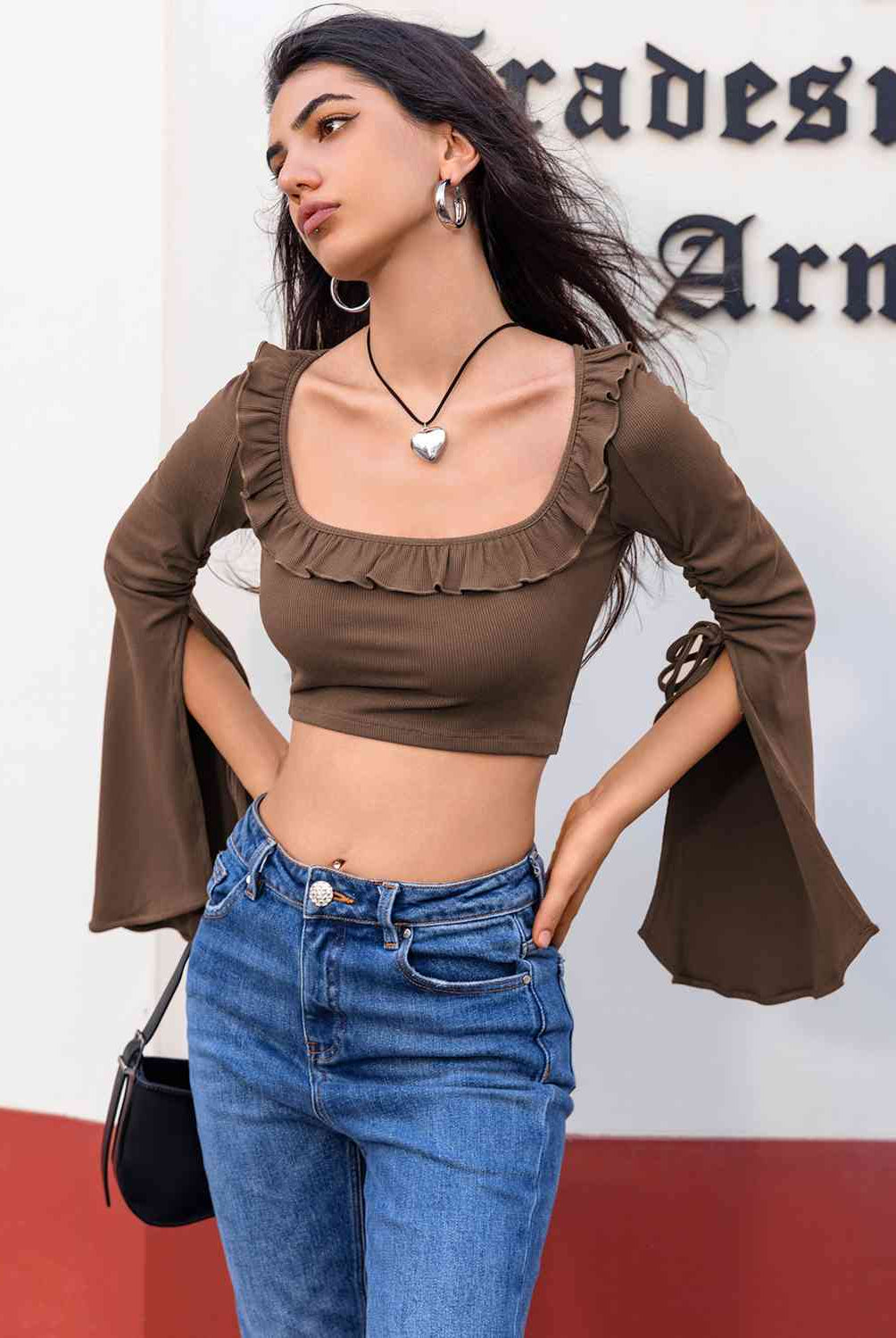 Open Bell Sleeve Square Neck Crop Top - GemThreads Boutique