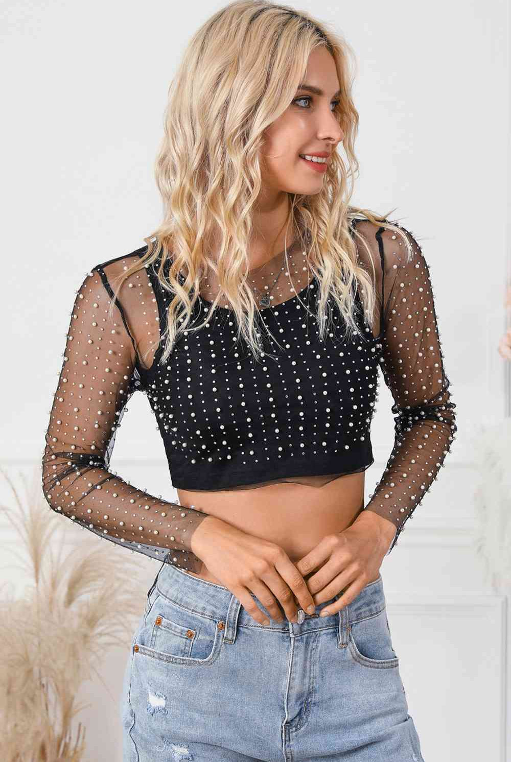 Pearl Long Sleeve Mesh Cropped Top - GemThreads Boutique Pearl Long Sleeve Mesh Cropped Top