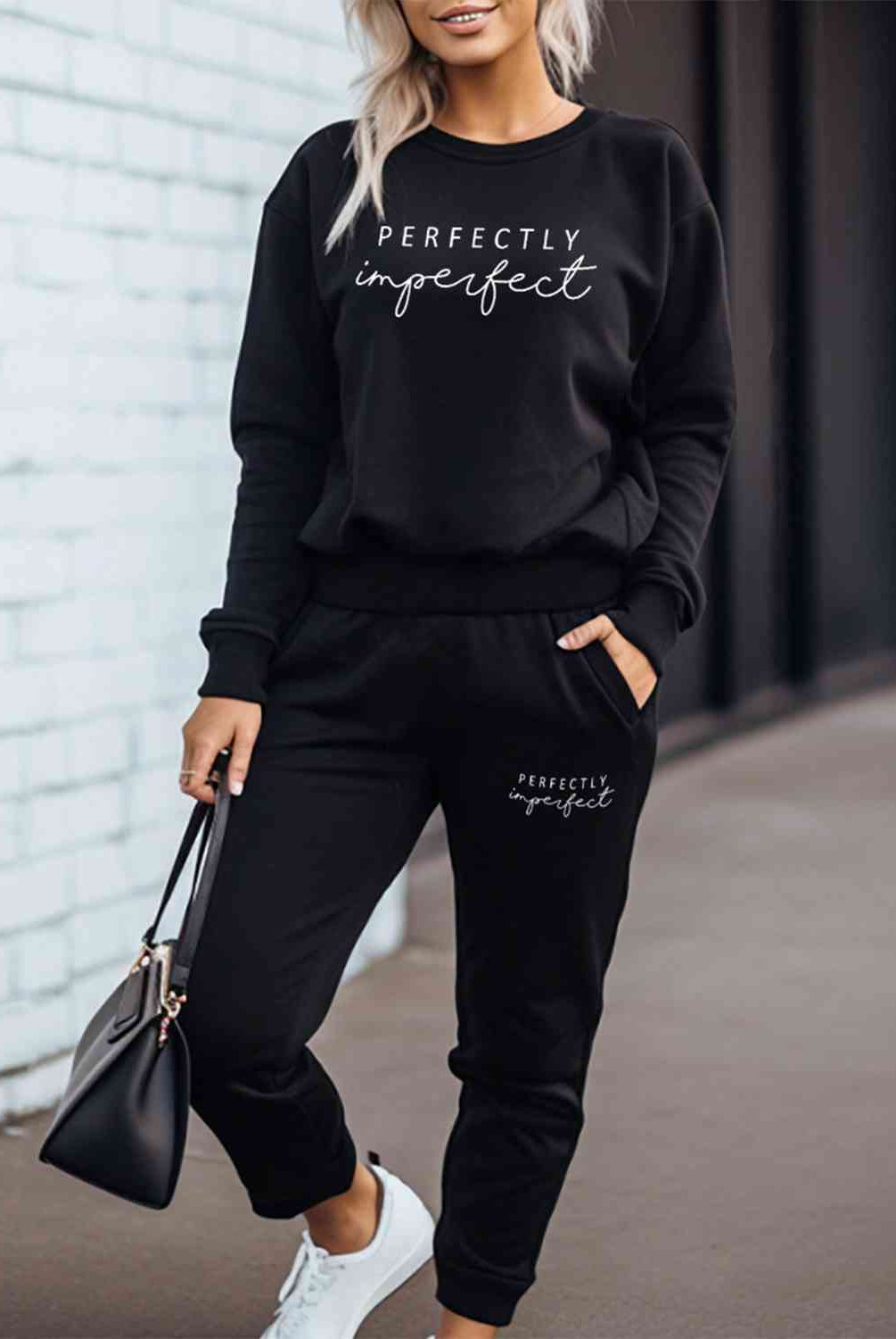 PERFECTLY IMPERFECT Graphic Sweatshirt and Sweatpants Set - GemThreads Boutique