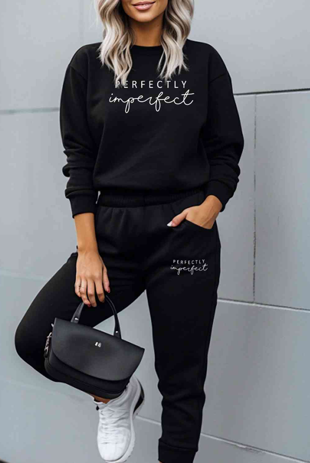 PERFECTLY IMPERFECT Graphic Sweatshirt and Sweatpants Set - GemThreads Boutique