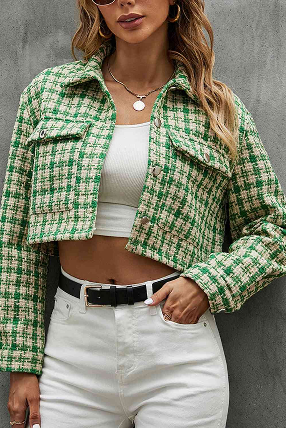 Plaid Button Up Collared Neck Long Sleeve Jacket - GemThreads Boutique