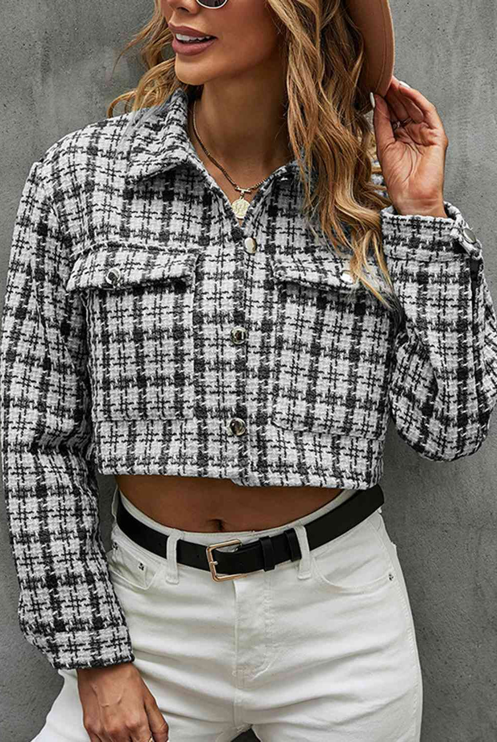 Plaid Button Up Collared Neck Long Sleeve Jacket - GemThreads Boutique