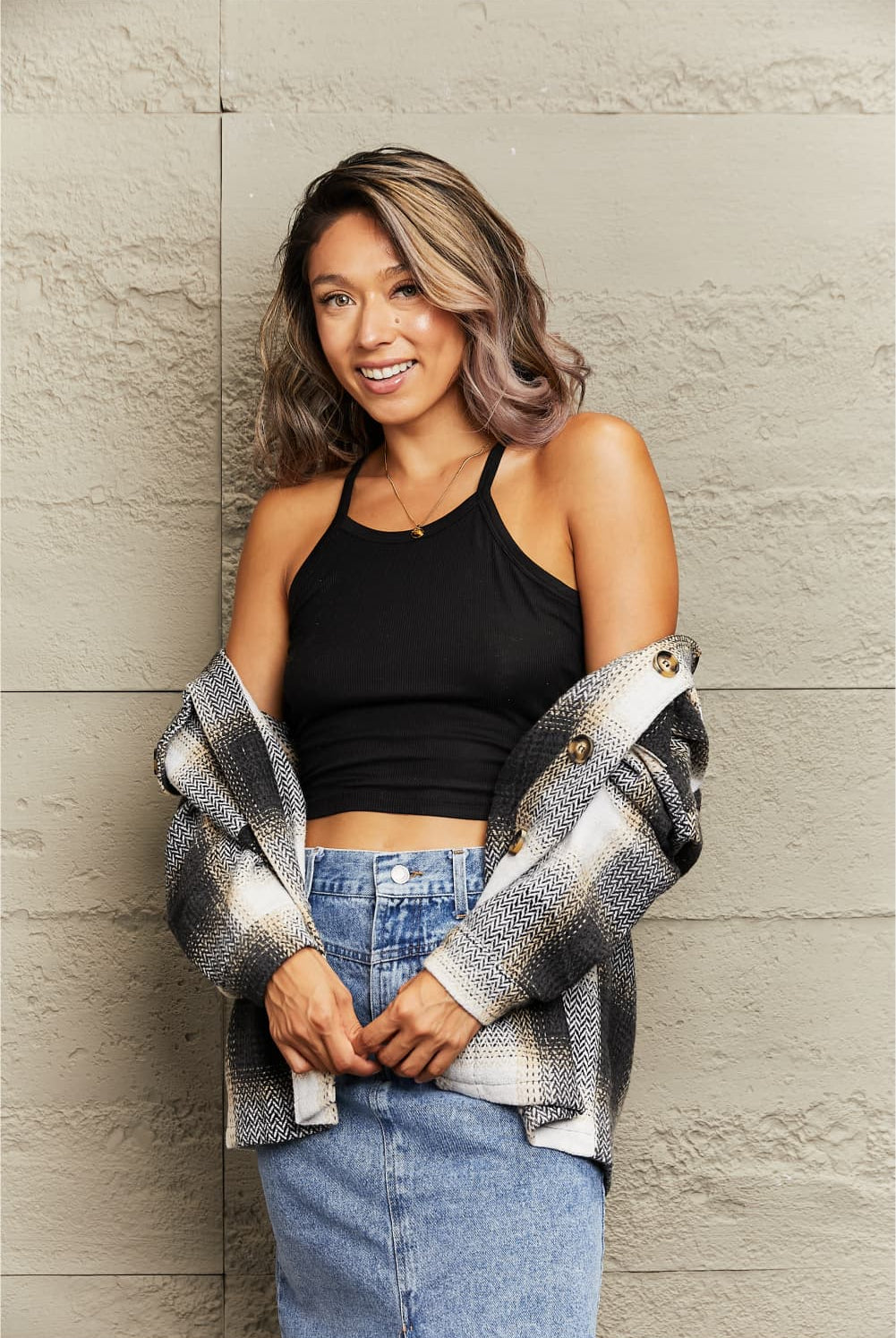 Plaid Dropped Shoulder Collared Jacket - GemThreads Boutique