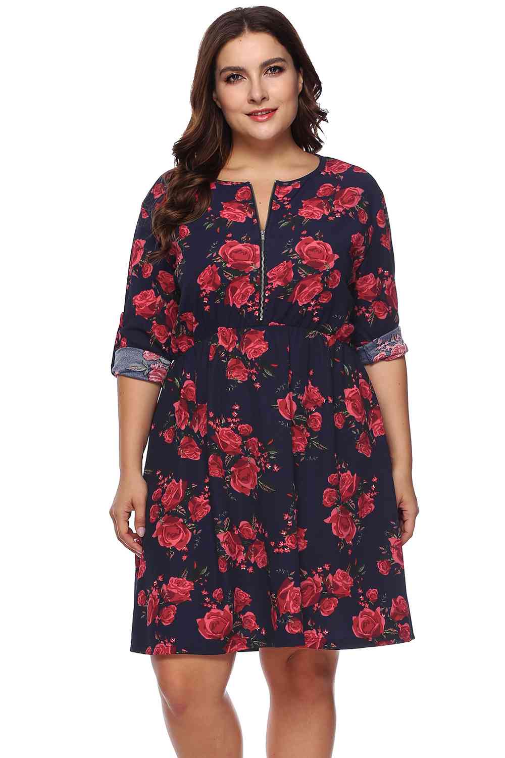 Plus Size Floral Print Half Zip Up Dress - GemThreads Boutique