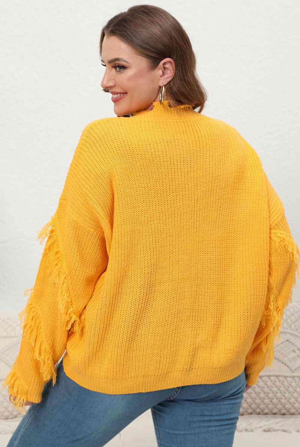 Plus Size Fringe V-Neck Long Sleeve Sweater - GemThreads Boutique
