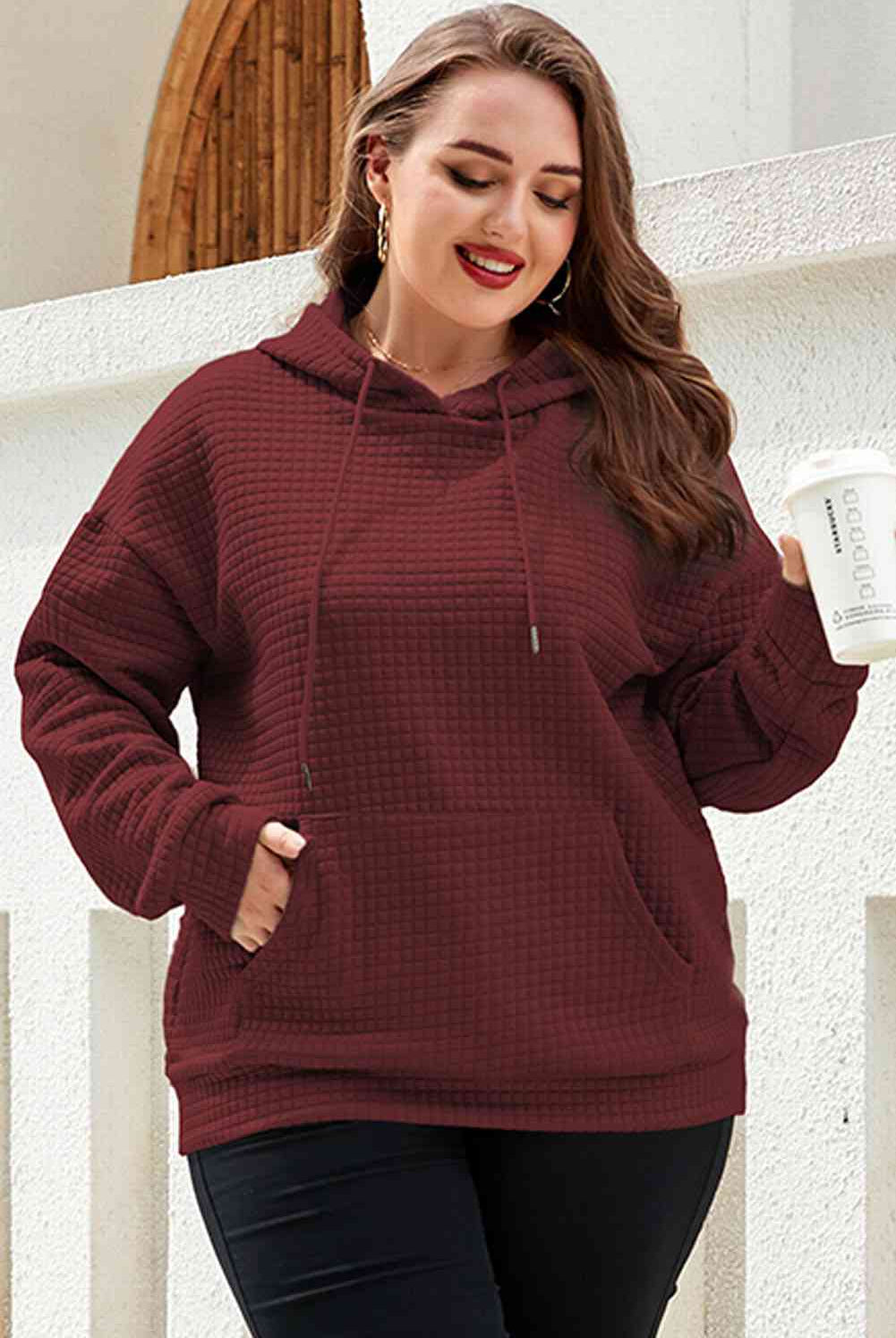 Plus Size Front Pocket Long Sleeve Hoodie - GemThreads Boutique