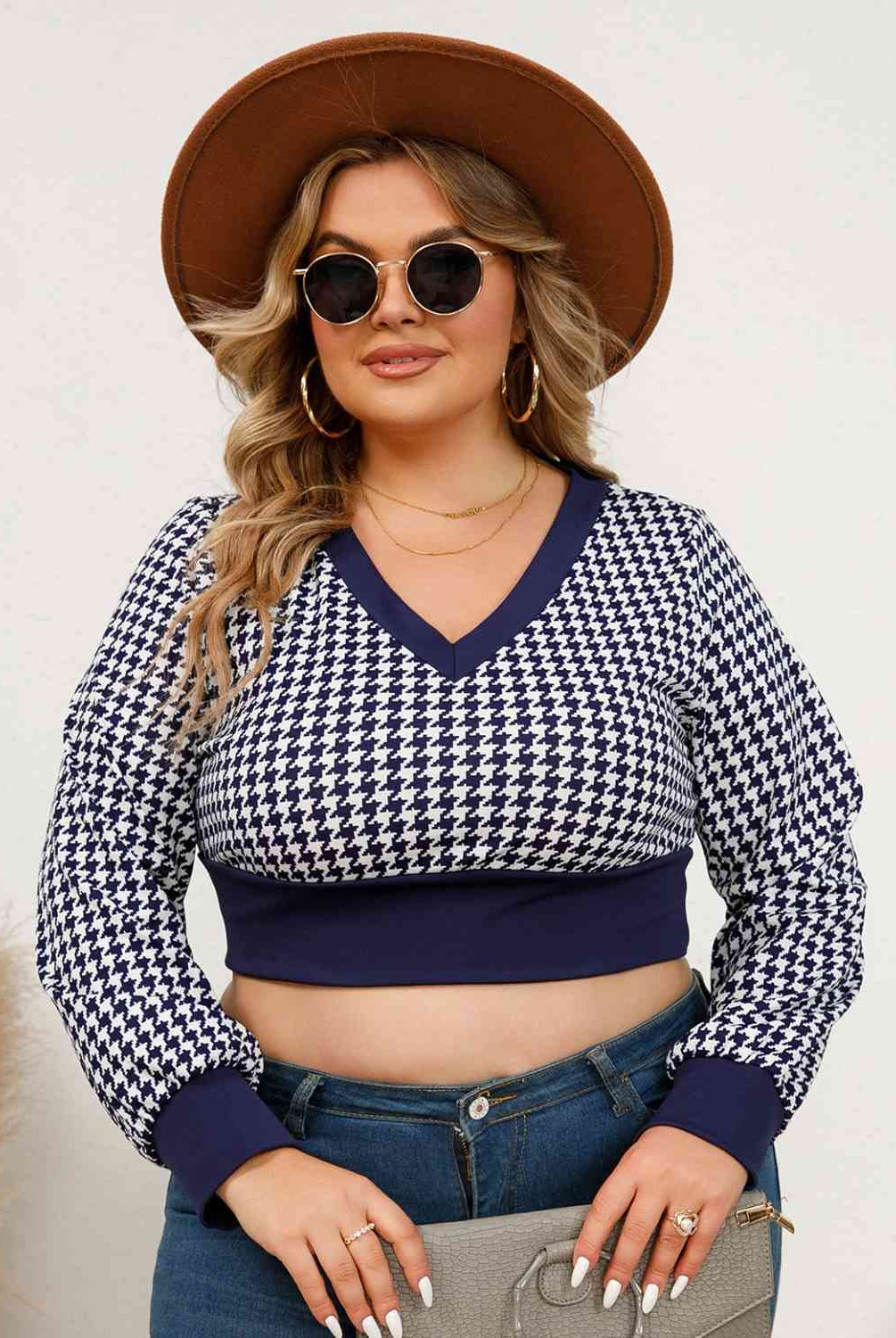 Plus Size Houndstooth V-Neck Long Sleeve Blouse - GemThreads Boutique