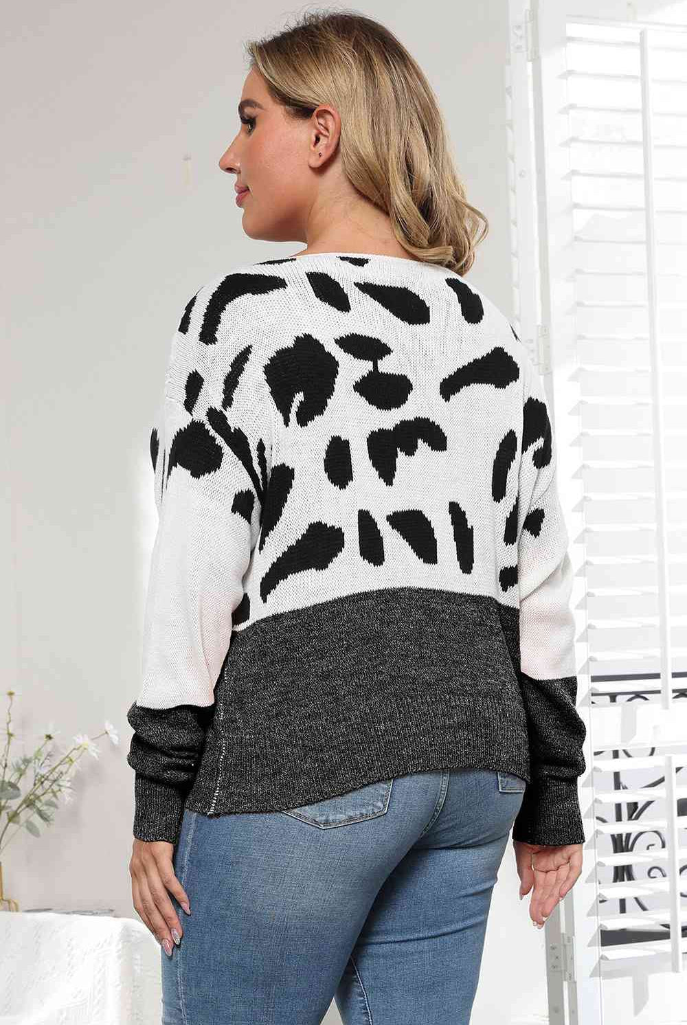 Plus Size Leopard Round Neck Long Sleeve Sweater - GemThreads Boutique