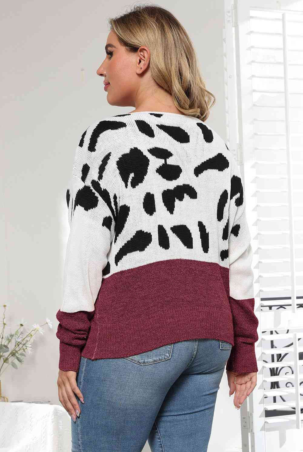 Plus Size Leopard Round Neck Long Sleeve Sweater - GemThreads Boutique