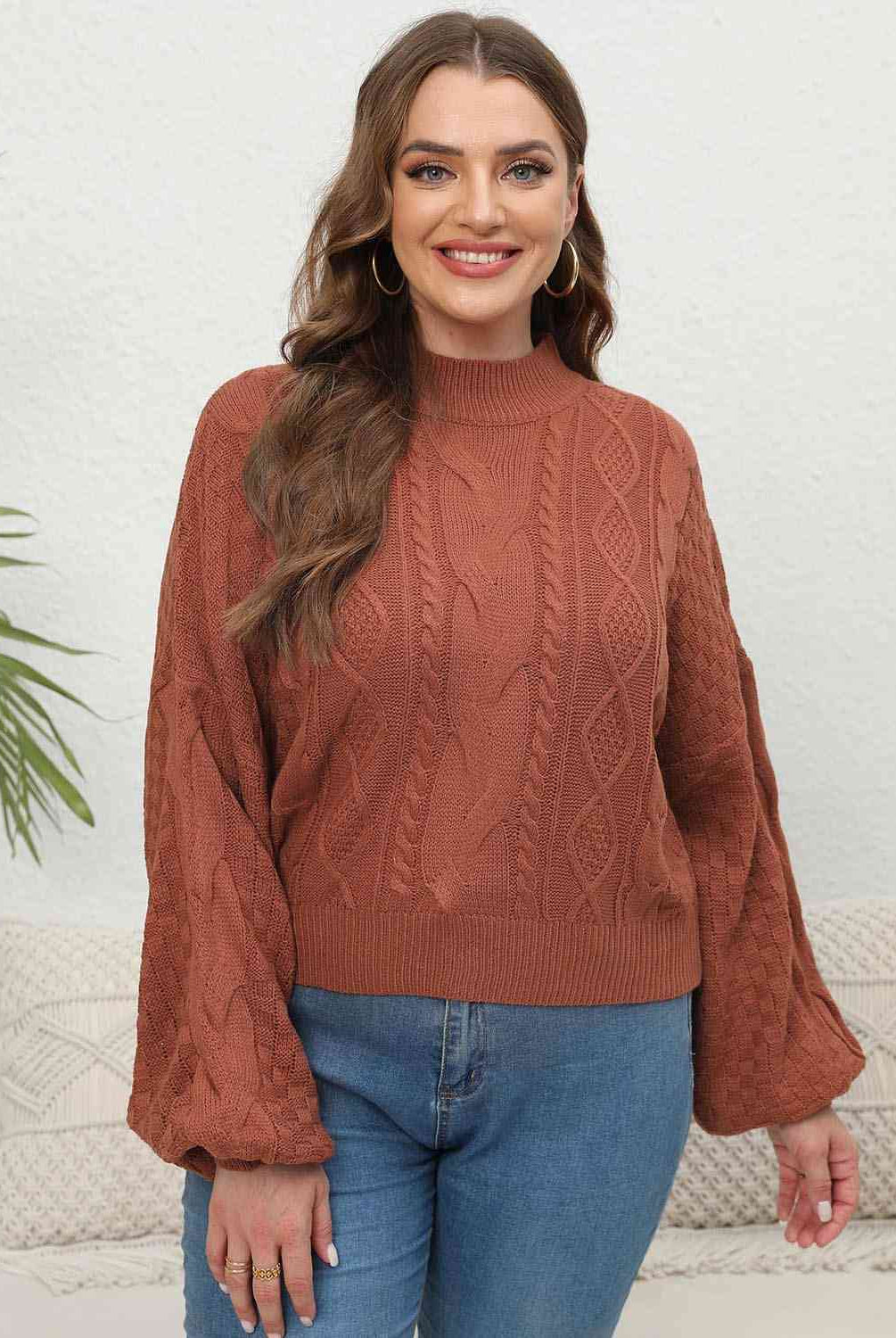 Plus Size Mock Neck Cable Knit Long Sleeve Sweater - GemThreads Boutique