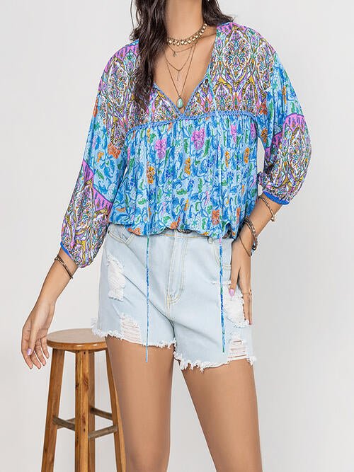 Plus Size Printed Tie Neck Balloon Sleeve Blouse - GemThreads Boutique