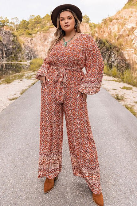 Plus Size Printed V-Neck Tie Front Balloon Sleeve Jumpsuit - GemThreads Boutique