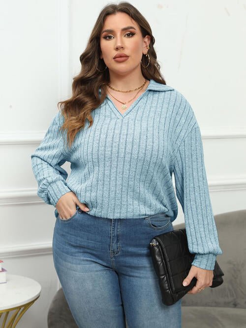 Plus Size Ribbed Collared Neck Long Sleeve Blouse - GemThreads Boutique