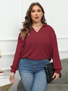 Plus Size Ribbed Collared Neck Long Sleeve Blouse - GemThreads Boutique