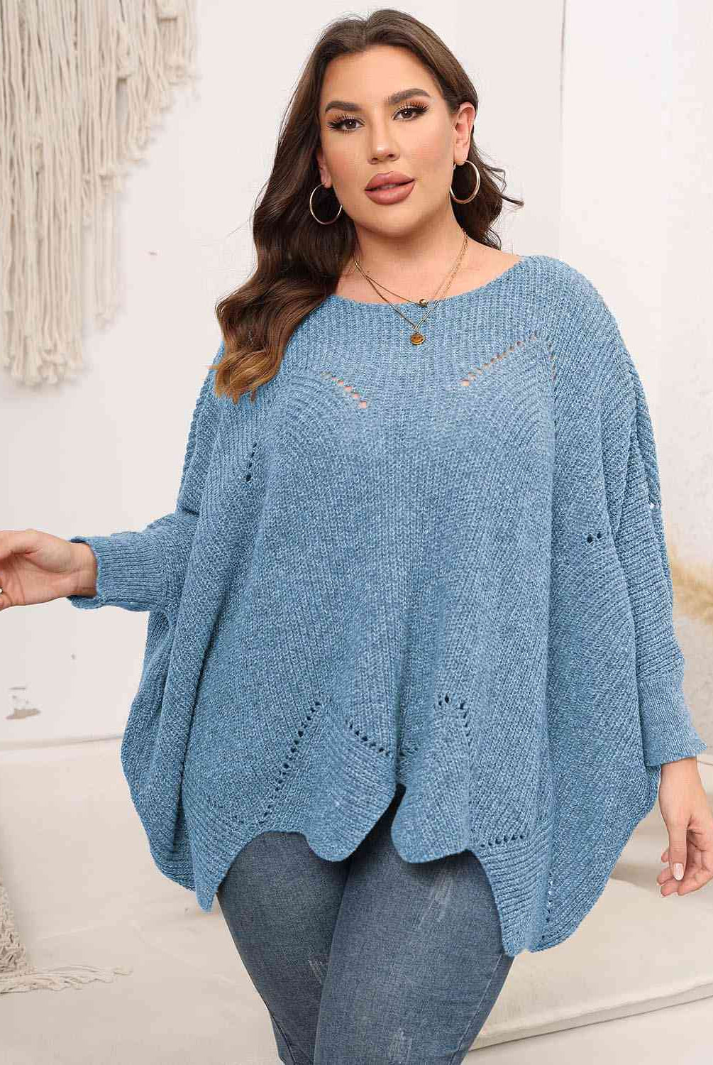 Plus Size Round Neck Batwing Sleeve Sweater - GemThreads Boutique