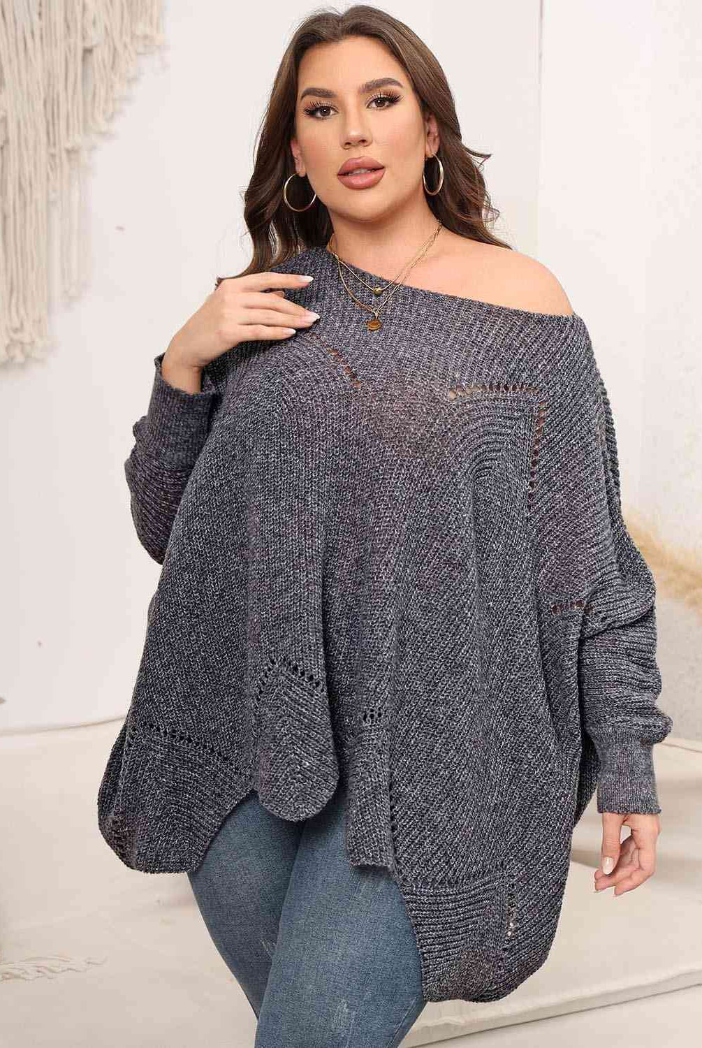 Plus Size Round Neck Batwing Sleeve Sweater - GemThreads Boutique