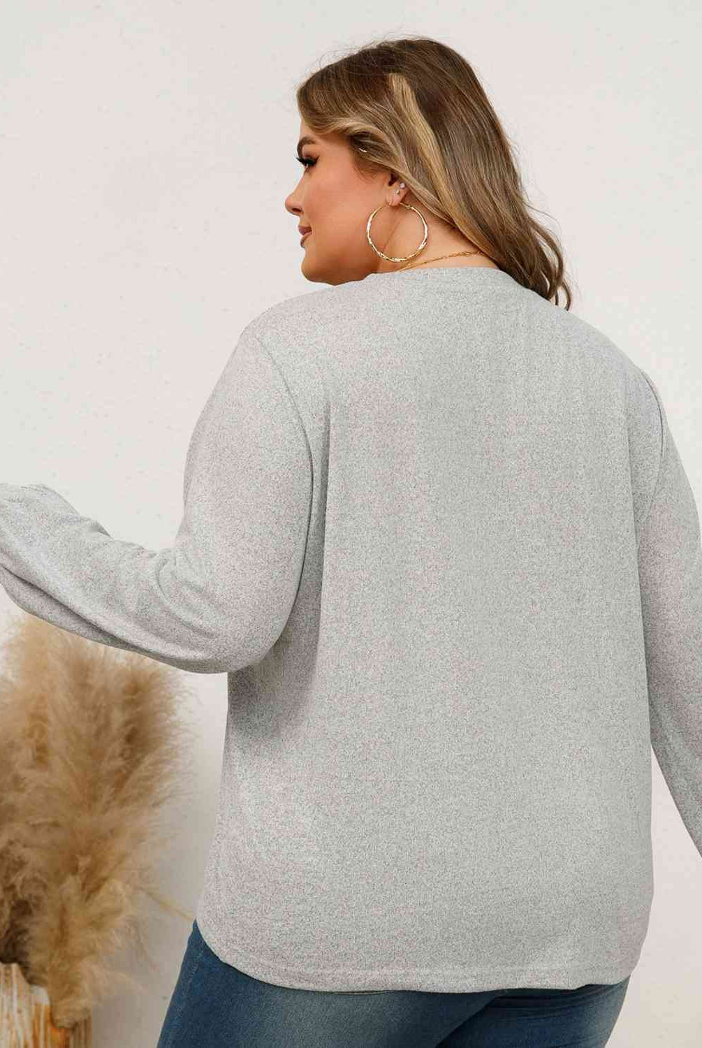 Plus Size Round Neck Ruched Long Sleeve Top - GemThreads Boutique