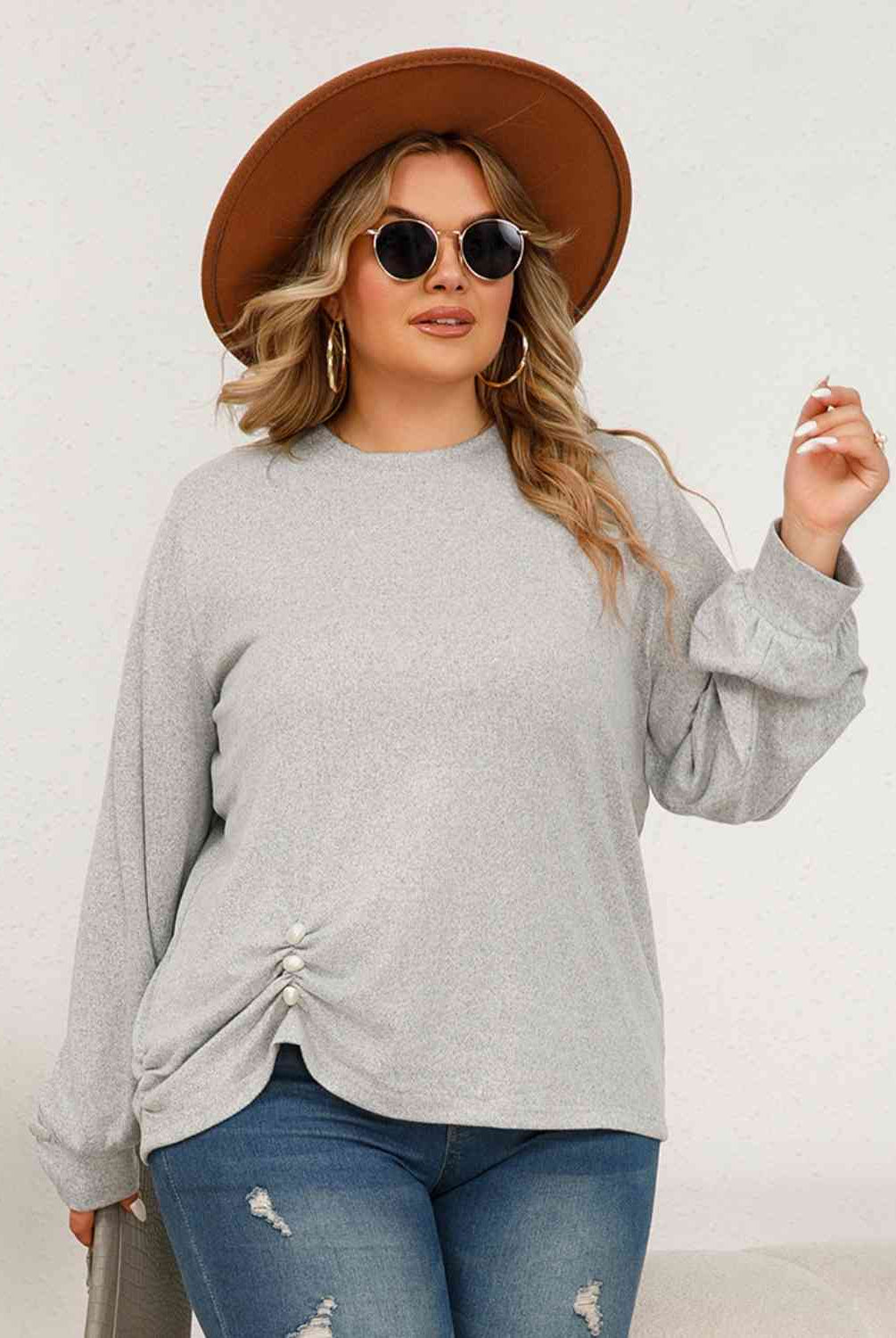 Plus Size Round Neck Ruched Long Sleeve Top - GemThreads Boutique