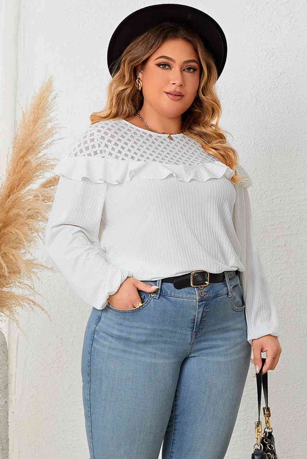 Plus Size Ruffled Round Neck Long Sleeve Blouse - GemThreads Boutique