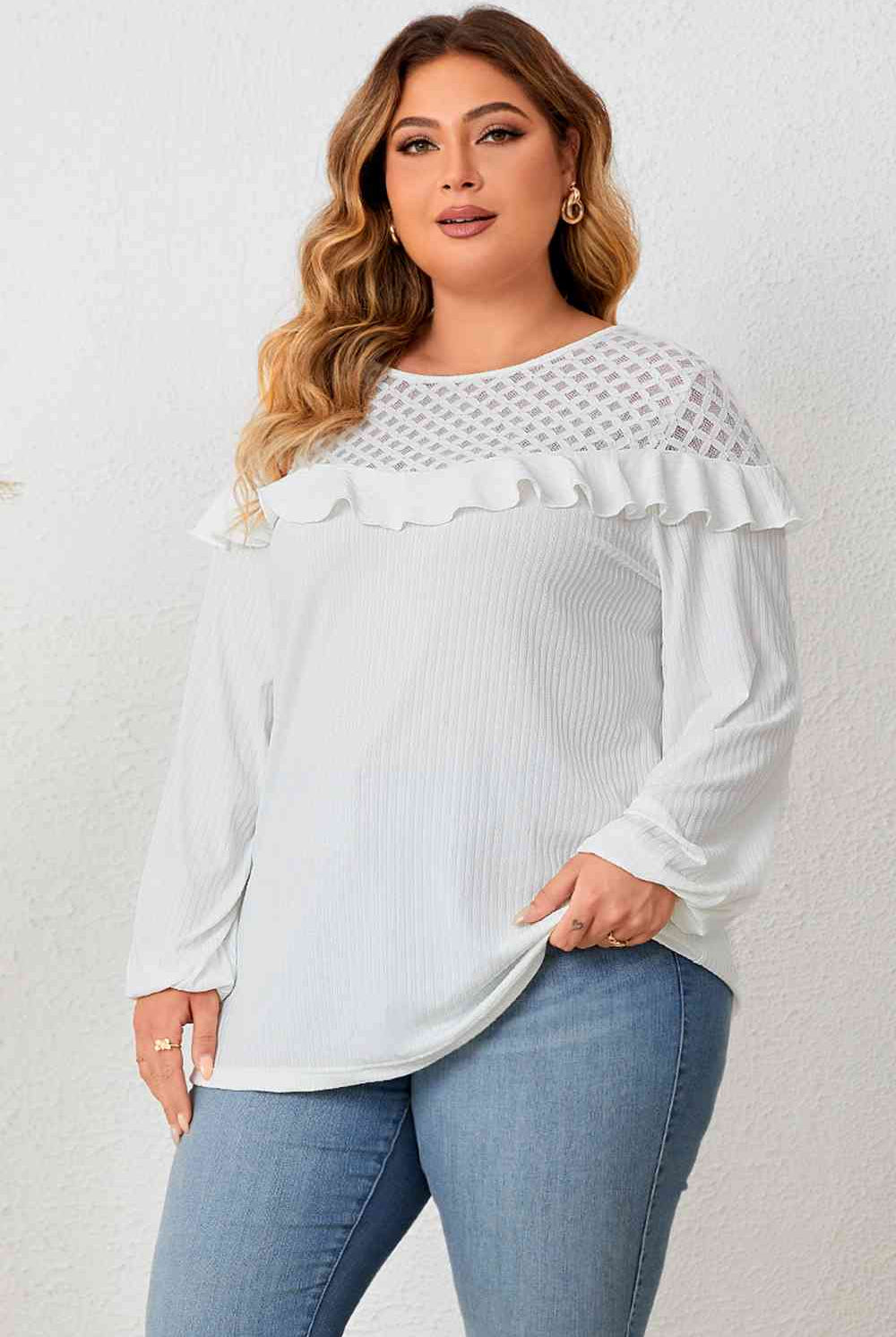 Plus Size Ruffled Round Neck Long Sleeve Blouse - GemThreads Boutique